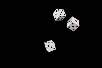 放り投げられた三つのサイコロの3D画像