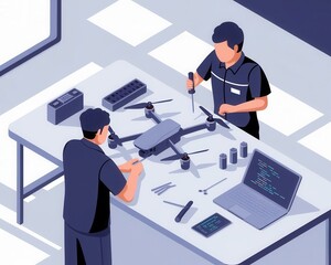 Drone Repair and Maintenance Professionals Working on a High-Tech Project