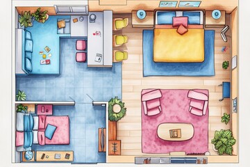 Apartment floor plan. (top view) Furnished flat. (view from above) Interior architecture