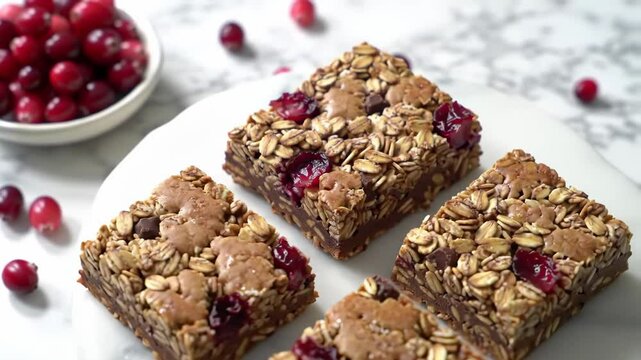 Oat cranberry granola bars on marble with scattered cranberries, orbiting camera motion