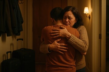 Emotional reunion between mother and son takes place in a cozy hallway during evening