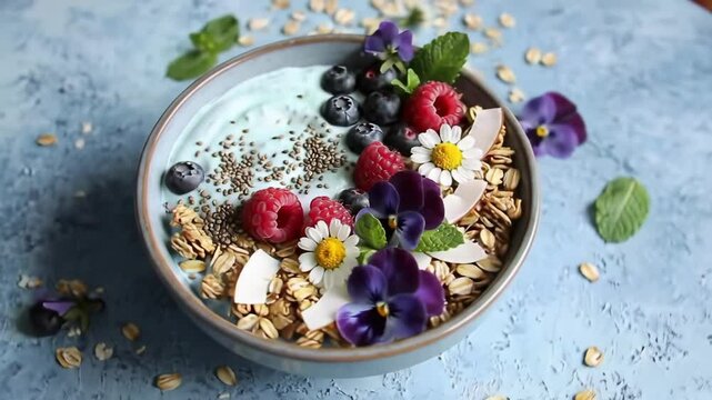 Cinematic close-up of vibrant yogurt breakfast bowl with berries, flowers, granola, orbiting camera, natural light