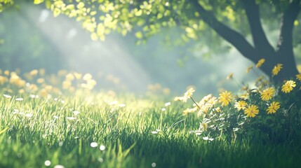 Fototapeta premium Lush meadow bathed in morning sunlight.