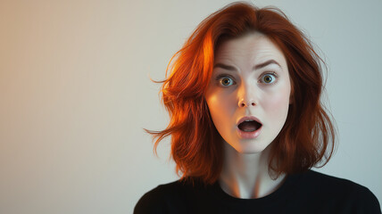 Fototapeta premium Portrait of a young redhaired woman with shocked face expression