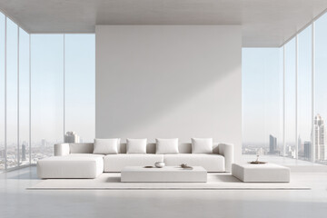 photorealistic ultraminimalist interior design featuring bright accent piece in clean ultrabright environment