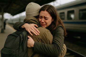 Emotional goodbye between two people at a train station during early morning hours, filled with tears and heartfelt connection