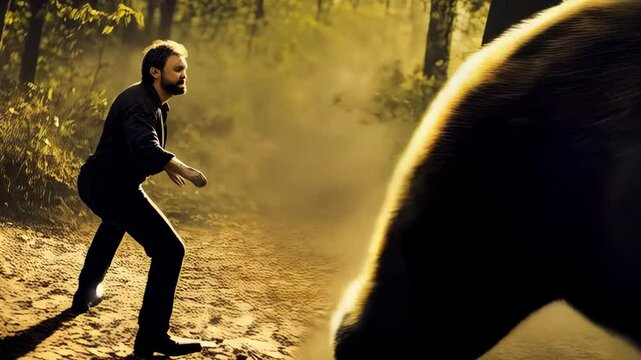 A bear attacks a man in the forest.
A dangerous encounter in the forest. A man looks at a growling bear with bared fangs. The scene is tense and full of menace.