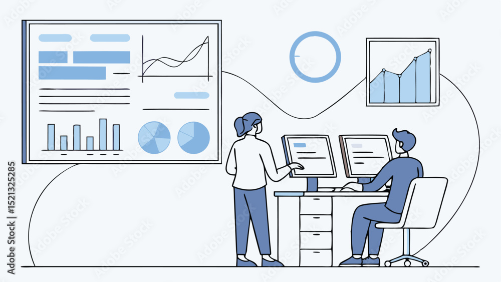 Poster illustration of two people working at computers with data charts and graphs displayed on screens aro