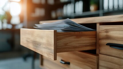 A well-organized wooden desk drawer slightly ajar, filled with neatly stacked documents, showcasing the essence of productivity and a professional workspace environment.