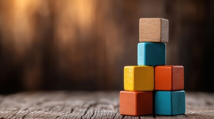 A vibrant assortment of wooden blocks stacked in a playful arrangement, emphasizing creativity and education, perfect for children learning through play.