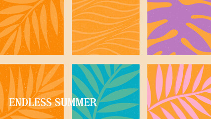 Obraz premium Botanical themed collage with tropical leaves and wavy lines in square frames in vibrant summer colors