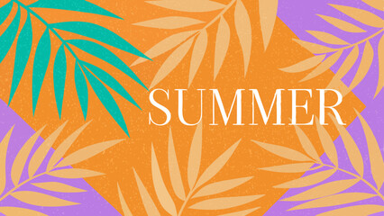Summer themed background with palm leaves in teal, orange and purple, text summer in the center area