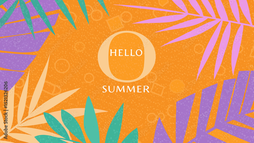 Poster hello summer text surrounded by colorful palm leaves on an orange background with geometric shapes