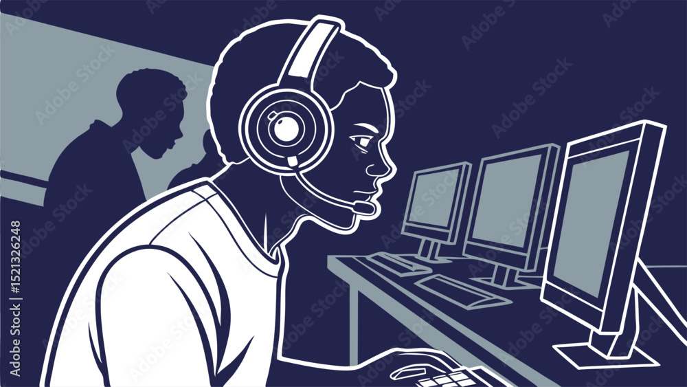 Poster illustration of a person with headset at computer station with multiple monitors in a dark environme