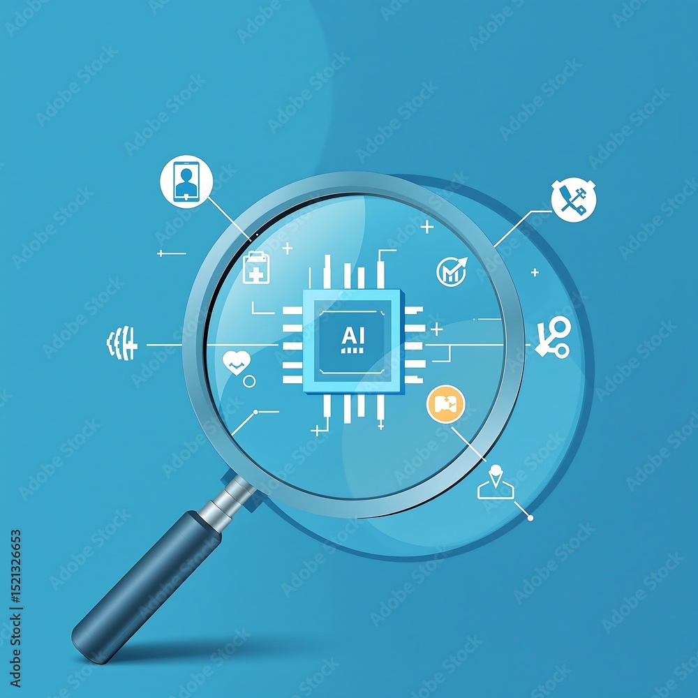 Poster artificial intelligence chip under a magnifying glass with various related icons around it