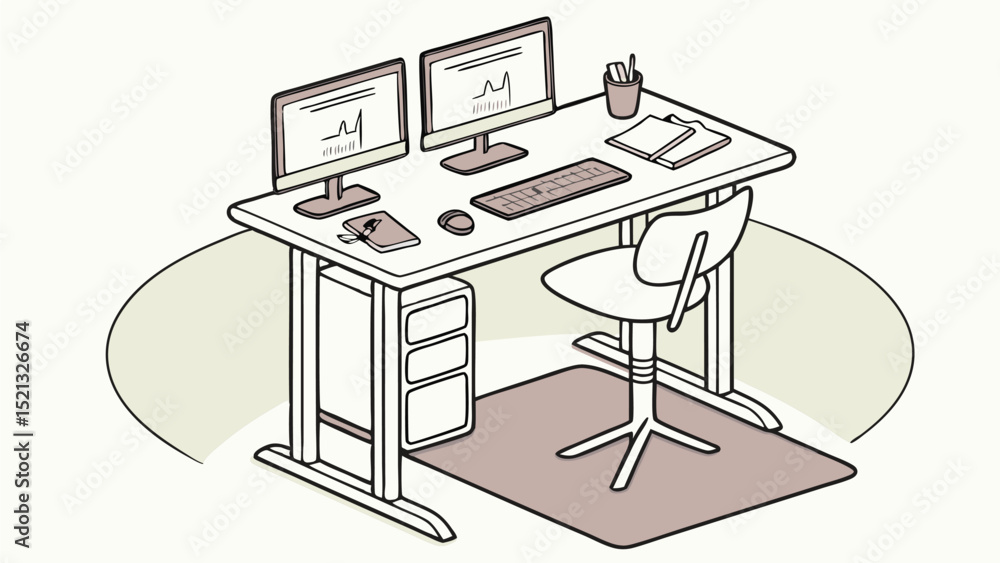 Poster Isometric view of a desk setup with dual monitors keyboard and chair in a modern office space design