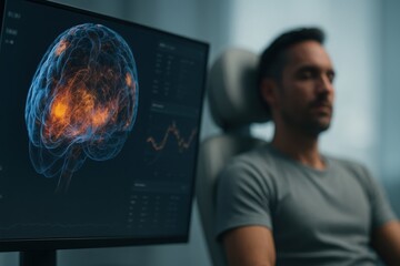 Man relaxed in modern office while brain activity visualized on screen in ambient lighting