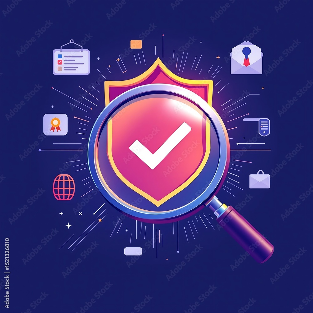 Poster magnifying glass focusing on a shield with a check mark surrounded by icons on a dark background