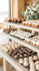 Assortment of Small Treats on Shelves. Vanilla, Chocolate, and White Frosting Decorate Petite Desserts in a Bright, Natural Setting. Vegetarian option.