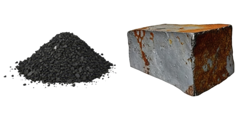 PNG pile of dark granules and a weathered metal block are displayed on a transparent background.