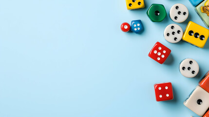 Assorted Colorful Dice On Light Blue Background