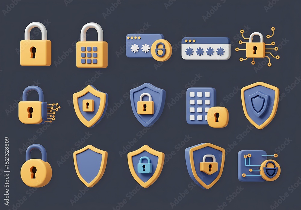 Poster digital security and data protection icons in a clean 3d style