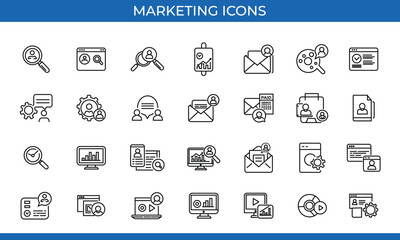 This set of marketing icons is designed for digital marketing, branding, and advertising campaigns, featuring vector symbols for social media, campaigns, and more.