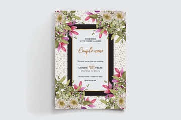WEDDING INVITATION FRAME WITH FLOWER DECORATIONS AND FRESH LEAVES
