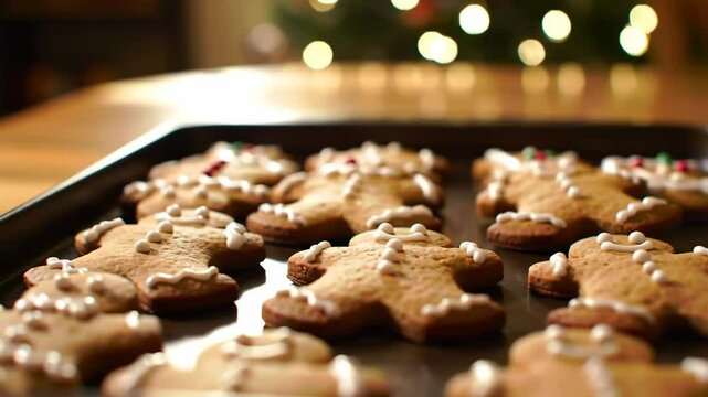 Cinematic close-up of decorated gingerbread cookies on tray with holiday bokeh and orbiting camera motion