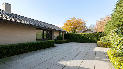 Fototapeta premium Modern Exterior Patio With Landscaping And Trees