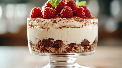 A sumptuous dessert featuring layers of rich tiramisu adorned with vibrant raspberries, evoking indulgence and sweetness, perfect for any occasion or celebration.