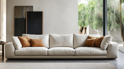 Stylish and cozy beige living room with beige sofa and beige walls and interior