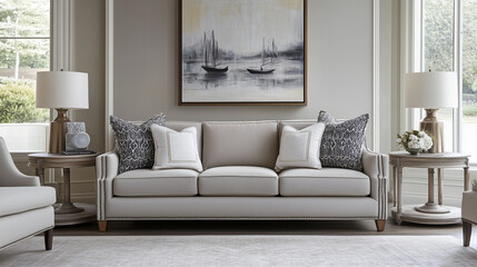 Stylish and cozy beige living room with beige sofa and beige walls and interior