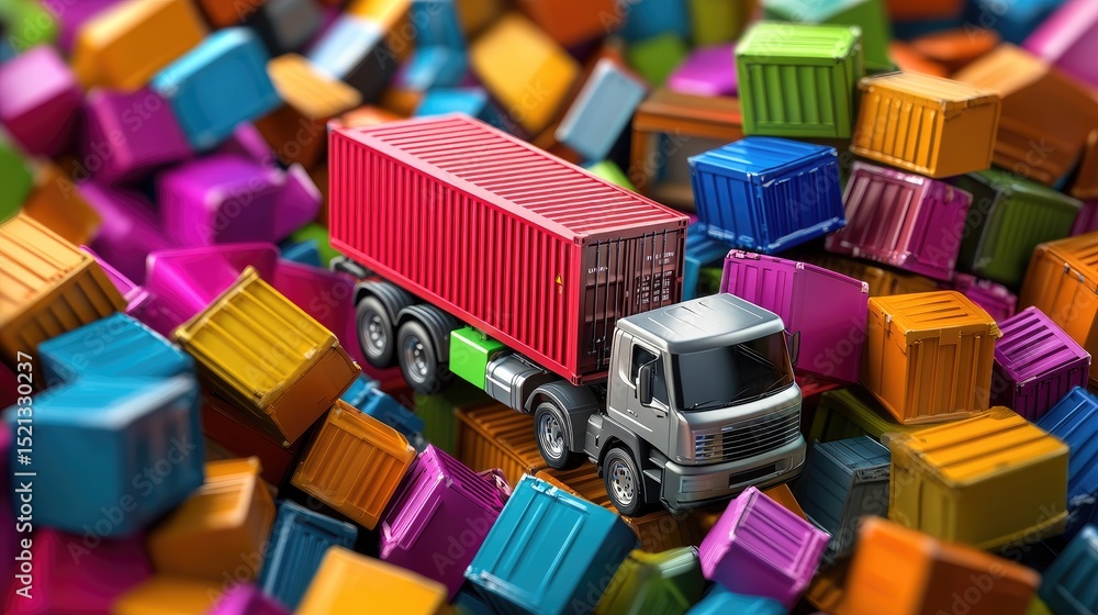 Poster a close-up of a container truck surrounded by colorful cargo boxes, capturing the complexity and ene