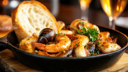A vibrant seafood dish showcasing shrimp, clams, and herbs, beautifully presented in a cast iron skillet, ideal for culinary and gourmet food photography.
