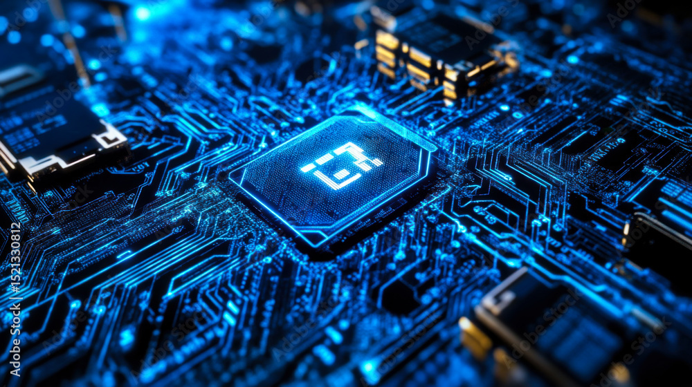 Poster digital data security concept showcasing a lock symbol amid glowing circuits and technology elements