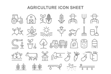 Agriculture Icon Sheet: A collection of meticulously crafted, singular agriculture-related icons in linear style, designed for seamless integration into varied design contexts.