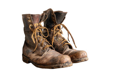 Old, worn, and muddy leather work boots with laces, showing signs of heavy use, are isolated on a transparent background, ready for compositing into various projects