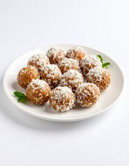 Energy balls caseras de dátiles, avena y coco rallado, dispuestas en plato blanco sobre fondo blanco