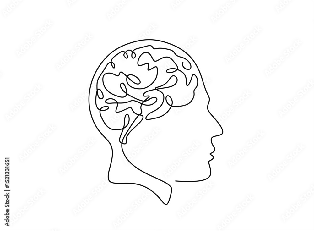 Poster one continuous line drawing of human head with smart brain inside from side view logo icon. psycholo