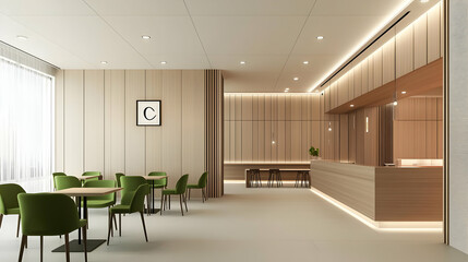 Fototapeta premium Modern Minimalist Lobby Interior Design With Wooden Walls And Green Chairs