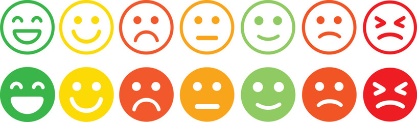 This emoticon set showcases a vibrant collection of emoji faces in a colorful flat design. It includes a variety of expressions such as smiling, happy, sad, angry, and surprised