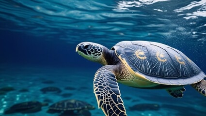 Majestic Sea Turtle Gracefully Swimming Underwater in Vibrant Ocean