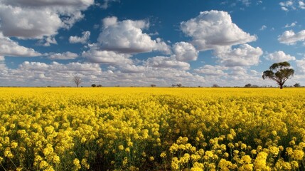 Obraz premium Vast yellow flower field under cloudy sky