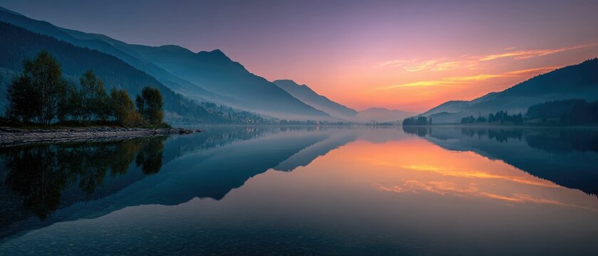 Serene Sunset Mountain Lake Reflection Panorama