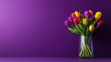 A bouquet of vibrant tulips stands in a clear glass vase against a deep purple background, the colors popping in bold contrast
