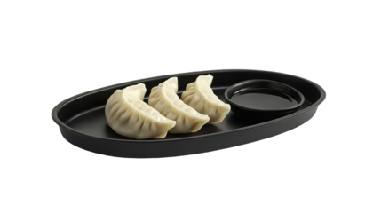 Traditional dumpling momos food from Nepal served with tomato chutney in plate isolated.