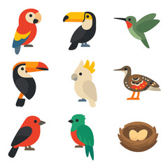 Tropical Bird Icons. Flat icon set of tropical birds: macaw, toucan, hummingbird, hornbill, cockatoo,