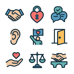Trust Building Icons. Flat icon set of trust building in relationships: handshake, heart lock, honest