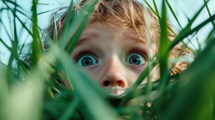 A captivating photo of a child's astonished expression while peeking through tall grass, evoking curiosity and wonder in nature's playground.